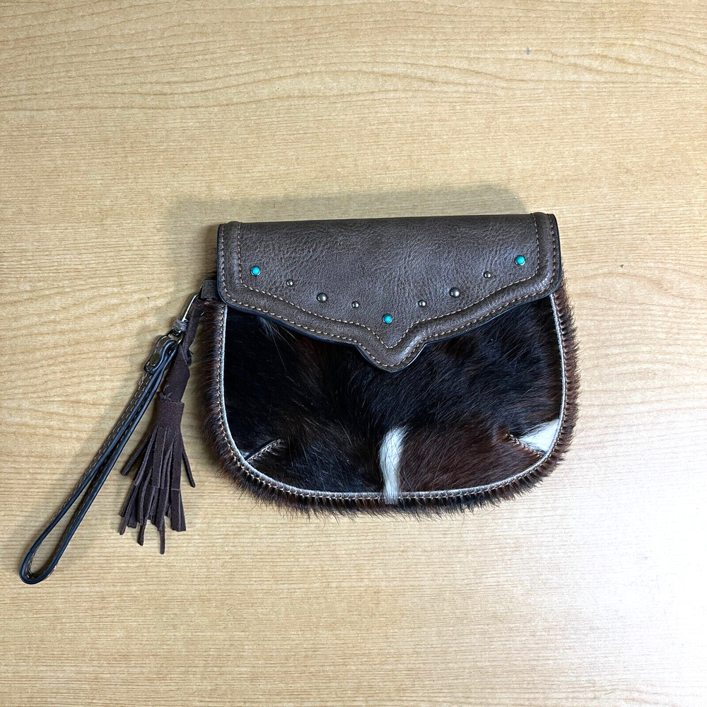 Tony Lama Western Womens Wristlet Wallet Studs Brindle Hide Hair Brown